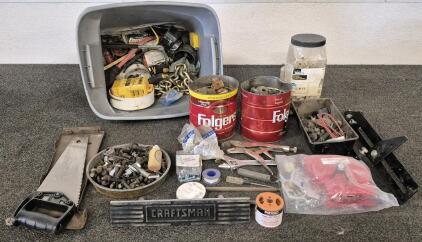 Hand Saw, Assortment Of Screws, Nuts, Bolts, Wrenchs, Screw Drivers, Tool Parts, Hitches, Chains, Wire Connector Tub, Insul-8 Conductor And More.