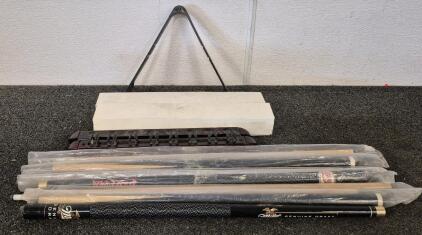 Pool Game Bundle! Miller Genuine Draft Pool Stick, Coca-Cola Pool Stick, Black Pool Stick Triangle, Stick Rack, Table Balls