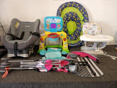 Baby Car Seat, Fisher Price Space Saver High Chair, Baby Pool Mesh Net Floating Chair, Folding Baby Stroller, Smart Shot Sports Center For Babies And Much More