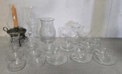 Glasses Tea Pot, (6) Cups And Saucers, Floral Vase Candelabra And More