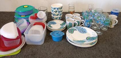Lot Of Kitchenware By Royal Norfolk Paisley Pattern (5) Large Plates, (5) Medium Plates, (3) Pint Glasses, (3) Wine Glasses (4) Bowles, (4) Mugs, Various Sizes Of Tupperware And Much More