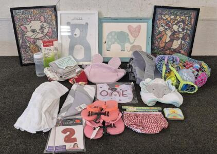 Baby Bundle! (4) Cute Pictures, (2) Flip Flops, Bath Toys, Bibs, Baby Carrier, Bunny Bag, And More!