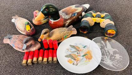 Duck Theme Home Decor Including: Wood Ducks, Collectible Plate, Binoculars, and (10) Rounds Of 12 Gauge Ammo