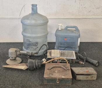 Vintage Tools, Sander, Drill Bits, Bushing Drivers, Jumper Cables, 5 Gal Water Jug, 1 Gal Jug