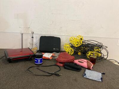 Outdoor String Lights (No Bulbs), Purses, (2) New Ankle Weights, Panini Press (Works), (2) Paper Towel Holders And More