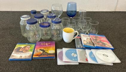 (7) Glass Jars, Wine Glasses, Water Cups, And More