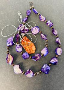 Purple Abalone Shell Necklace and Orange Sea Sediment Jasper Freeform Slice Necklace