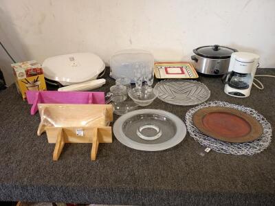 Large George Foreman Grill, Crock Pot, Mr.Coffee 4 Cups Coffee Pot, (4) Large Serving Tray, 8 Piece Fondue Set (New in Box) Glass Swann Gravy Boat and More