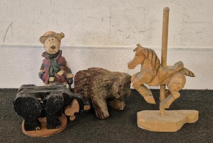 Carved Wooden Bears And Carousel Horse