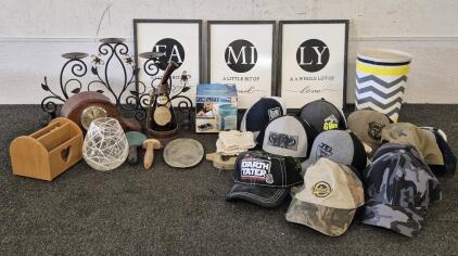 Family Sign Wall Decor, Candle Holder Decor, 2 Small Trash Cans, Dickel Tennessee Bottle, Wood Mantle Clock, Glass Decor, Sewing Caddy, (21)Hat Bundle, Pet Brushes, Wood Pencil Caddy, Wooden Box