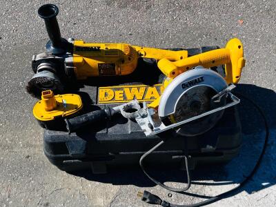 Dewalt Case With Cordless Saw, Battery and Handle As Well As Dewalt Angle Grinder (Powers On)