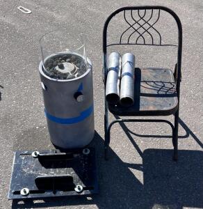 Propane Gas Outdoor Fire Pit, Vintage Metal Chair, Metal Bracket and More