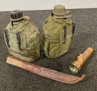 (2) Canteens, Filet Knife w/Sheath, & Flashlight