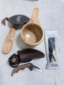 Wooden Bowl & Spoon & Knife w/ Leather Shealth