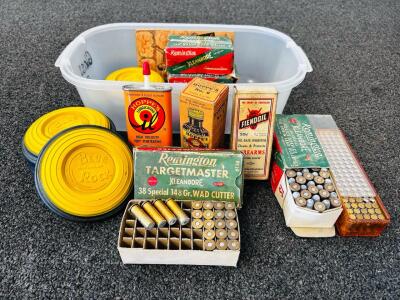 Vintage Remington 38 Special Ammunition, Hoppe's Lubricating Oil, Nitro Powder Solvent, Oil Base Inhibitor, and Blue Rock Clay Pigeons
