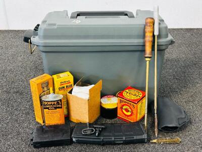 Ammo Box Containing Gun Cleaning Materials: Oils, Patches, Rods, Magazines, and More