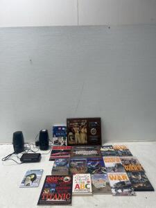(2) Sony SRS-A41 Speakers (1) Cosmo FM/AM Electronic Clock radio. 1984 World Champion Baseball Plaque and more.