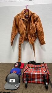 Women&rsquo;s XS Adventure Bound Leather Jacket.Red Plaid Foldable Shopping Bag & (3) Men&rsquo;s Caps./Great Value. (1of2)