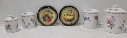 (1) International China Company Full Set of 4 Floral Canisters (1) Set of 2 Vintage Napco Ceramic 3-D FRUIT Round Wall Plate Plaques