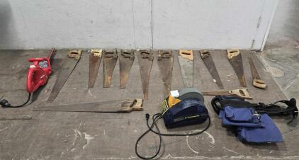(12) Vintage Hand Saws ,(1) GMC 8&rdquo;Sharpener,(1) Construction Belt,Homelite 20&rdquo; in. 3.8 AMP Corded Dual Action Electric Hedge Trimmer with Saw Blade Tip