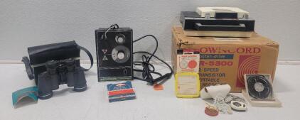 (1)Vintage Crowncorder Transistor Tape Recorder Model CTR-5300 Made In Japan 1966 (1) Vintage Kmart Focal 7 x 35 Binoculars w/case (1)Beckman Solu-Bridge