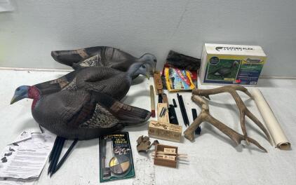 (1) Tote of Bird hunting Equipment including Bird callers, Signature Series Jake Decoy, and more