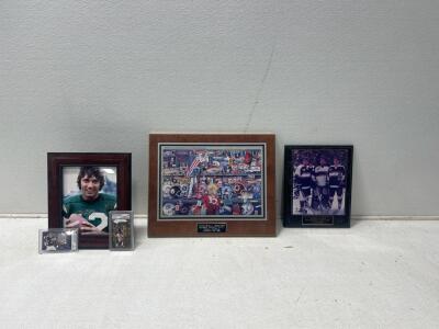 (2) Football cards (1) Colorado Avalanche Plaque With Ray Bourque, Patrick Roy, and Joe Sakic and more