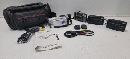 (1) JVC Mini DV Digital Video Camcorder, model GR-DVL310 (1) Minolta F12 compact 35mm point-and-shoot film camera (1) Minolta Memory Maker II Point & Shoot Film Camera (1) Concord AW 905 DX 35mm film camera