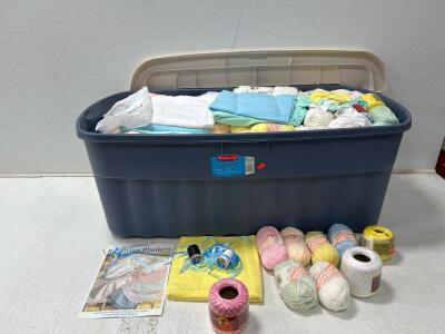 (1) Box of Yarn, Fabric, south maid cotton yarn, and ribbon.
