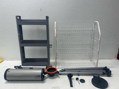 (2) Nexstar Telescopes. (1) White Storage rack (1) Gray storage rack