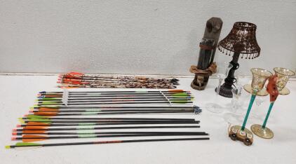 (24) Assorted Arrows (1) Vintage Beaded Tea Light Lamp (1) Homemade Bird Feeder W/ Thistle Seeds In Bottle And More