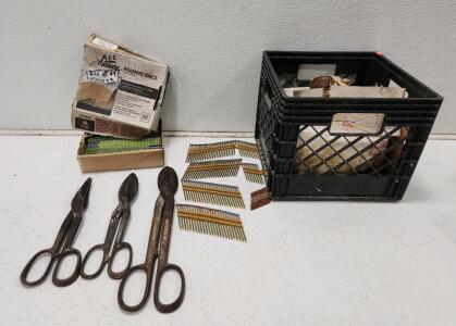 (1) Box of Paslode Framing Nails (3) Vintage Tin Snips (1) Box of Assorted Framing Nails