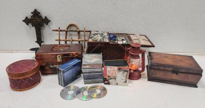 (1) Vintage Wooden Sewing Box Basket (1) Brown Amber See Through Clear Floral Sewing Craft Box (1) Wooden Jewelry Box And More