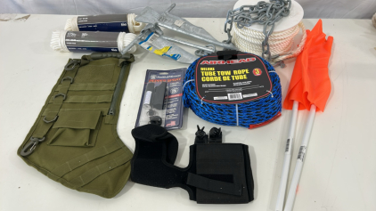 (1) Small Boat Anchor W/ 100ft Rope (1) 60ft Deluxe Tube Tow Rope (1) Smith & Weston Pepper Spray & More