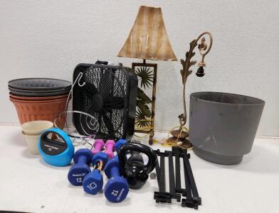 (1) Vintage French-style Brass Lamp With Leaf Motif (1) Vintage Tropical Tiki Table Lamp (1) Lasko Box Fan And More