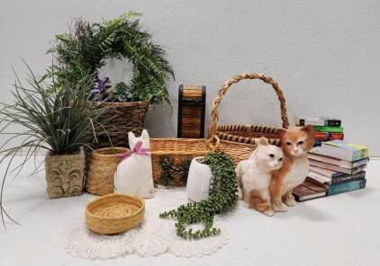 (1) Decorative String of Pearls Artificial Succulent Plant (1) Vintage 1989 Universal Statuary Orange Cats (1) Decorative Potted Grass Plant And More