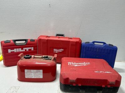 (2) Milwaukee Saw cases (1) Hilti Saw case (1) Powers Fasteners Case (1) gasoline can