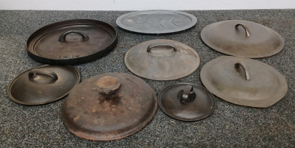 Assorted Cast-Iron Lids & "The Al Carder Sizzling Trade Mark Steak Platter"