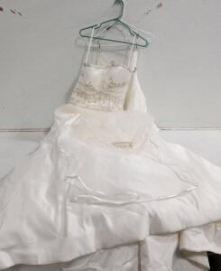 (1) Ivory David Bridals Exclusive Bridals by ACE Wedding Dress W/ Hair Veil (1) Ivory David Bridal Studio Mini Bridesmaid Dress