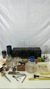 (1) Sony Dual Cassette Boombox (7) Glass Dishes & More