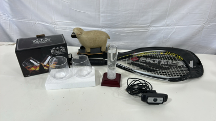 (1) Ektelon Pickleball Longbody Ascent TI X-small 11m Racquetball Racquet (1) Admiral Fitzroy's Storm Glass (1) Set of Barbuzzo Rolling Whiskey Glasses & More