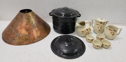 (1) Water Bath Canning Pot W/ Lids (1) Vintage Hall's Autumn Leaf Kitchenware Set (2) Copper Lamp Shades