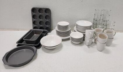 (1) Strawberry Street Dishware Sets (16) Clear Glass Cups And Assorted Bakeware