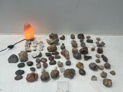 (1)Box of Salt rock lamp, Geodes, and Polished rocks with Bible verses.