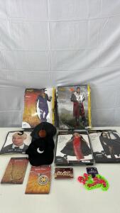 (1) Pimp Costume (XX-Large) (1) Noble King Costume (XX-Large) (1) Black Velvet Hooded Cape (1) Black Hooded Cape (1) Mr.Suave Wig (2) Hats (4) Pimp Jewelry