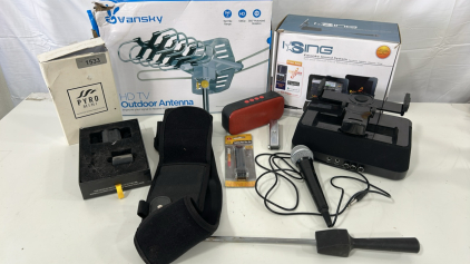 (1) Sakar iSing Karaoke Sound System (1) Pyro Mini Hands-Free Wireless Fireball Shooter (1) Vansky HD TV Outdoor Antenna & More