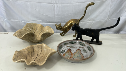 (2) Metal Cat Statue Decor (1) 11&rdquo; Painted Ceramic Pear Dish (2) Ceramic Leaf Bowls (10&rdquo;,14&rdquo;)