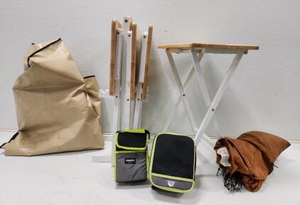 (1) Hatchbag Car Boot Liner (4) White Folding Tray Tables W/ Organizer (1) Brown Tent W/ Poles (2) Igloo Cooler Bags