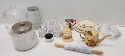 (1) Marble Rolling Pin (1) Vintage Arnel's Mushroom Watering Can (1) Ceramic Beehive-Shaped Cookie Jar And More