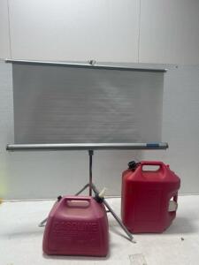 (1) 40&rdquo;x 44&rdquo; Radiant Projector screen (2) Gasoline Cans